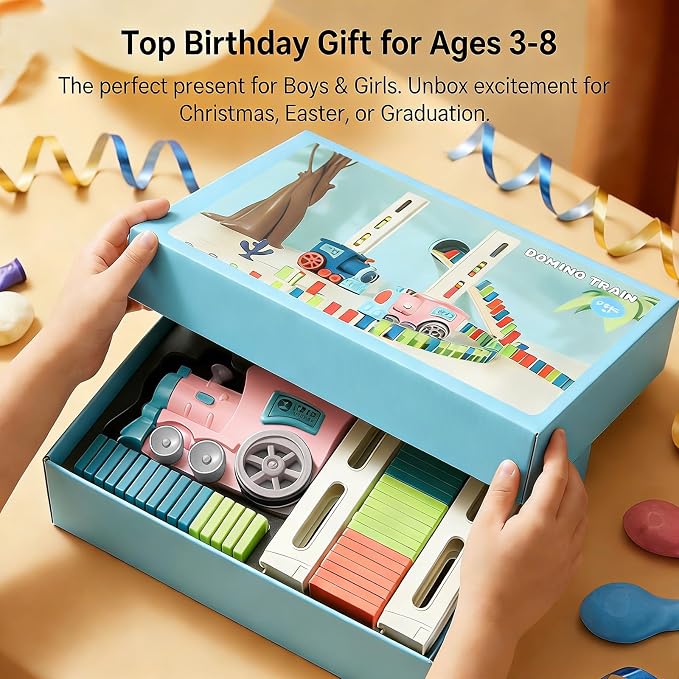 Domino Train Toys for Girls 3+ Year Old: Kids Stacking Dominoes Games - Montessori Toy Toddler 3-5 Boys ages 4-8 - Interactive Autism Fine Motor Activities Birthday Gift Stocking Stuffer 4 5 6 Yr Olds