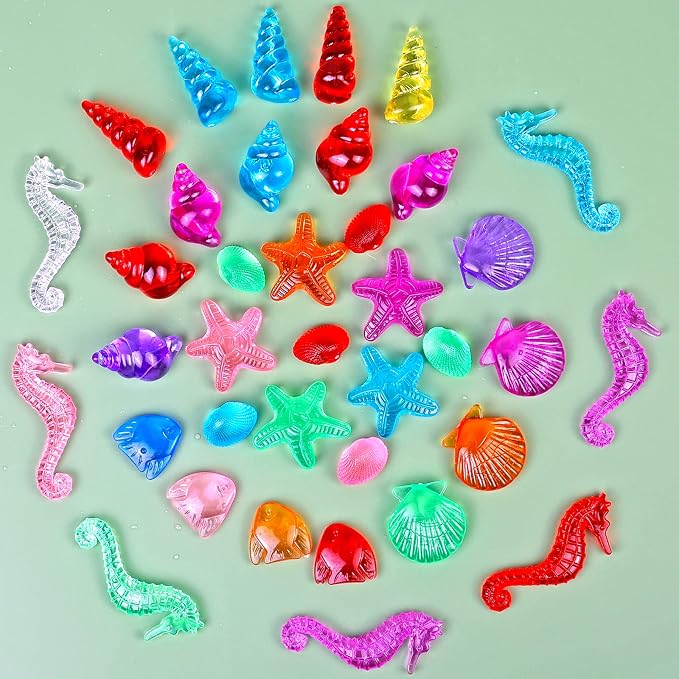 HAPTIME 80 Pcs Seashells, Sensory Bin Filler, Diving Gem Pool Toys for Kids, Plastic Sea Shells for Crafting, Little Mermaid Table Decorations, Vase Filler