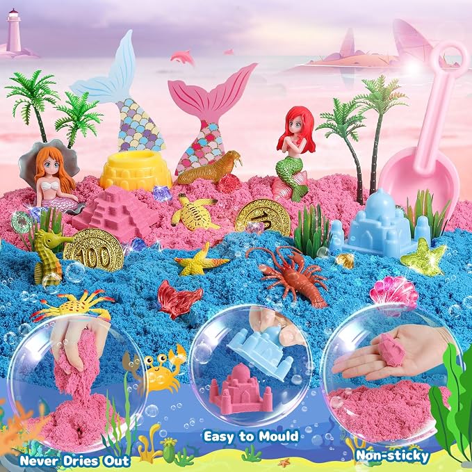 KNASON Mermaid Sensory Bin, Play Sand Kit for Girls and Boys Ages 3 4 5 6 7 | Mermaid Toys, 2.2lbs Sensory Play Colored Sand, Sandbox with Lid, Treasure Chest with Gems, Gift for Kids Ages 3 4 5 6 7 8