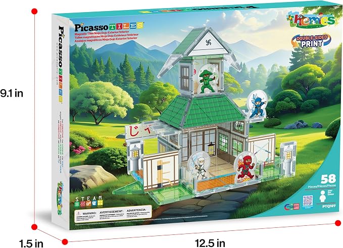 PicassoTiles Magnetic Tile Ninja Dojo Theme Set Two Sided Printed Designs Interior Exterior 3D Magnet Tiles 4 Character Ninjas STEM Education Learning Kit Building Blocks Toys Kids Ages 3 4 6 7 PTQ107