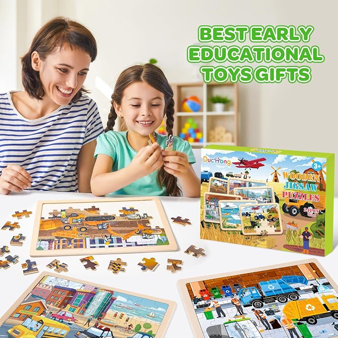 6 Themed Wooden Jigsaw Puzzles for Kids Ages 3-5, 60 Pieces Each | 6 x 60 Piece Puzzles 6-8, Ocean, Construction, Recycling, City, Solar Farm, Fire Rescue, Kids Boys Girls Birthday Gifts