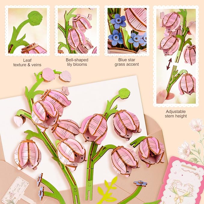 rowood Pink Lily of the Valley,Wooden Flower 3D Puzzles for Adults,DIY Craft Kits for Women,Botannical Collection Building Set,Mothers Day/Teachners Day Gift