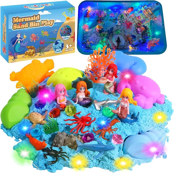 GAIETYDIY Mermaid Sensory Bin for Girl, Magic Sand Art Kit with LED Light | 2.2lbs Sensory Sand, Ocean Sea Animals, Sand Box with lid, Mermaid Toy Christmas Birthday Gift for Girls Ages 3 4 5 6 7 8 9+