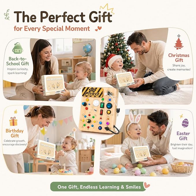 Joyreal Busy Board for Toddlers - Montessori Toys for 1 2 3 Year Old | Wooden Sensory Activity Board with 10 Switches & 19 Lights, Ideal Educational Travel Toy Gift for Boy & Girl Birthday