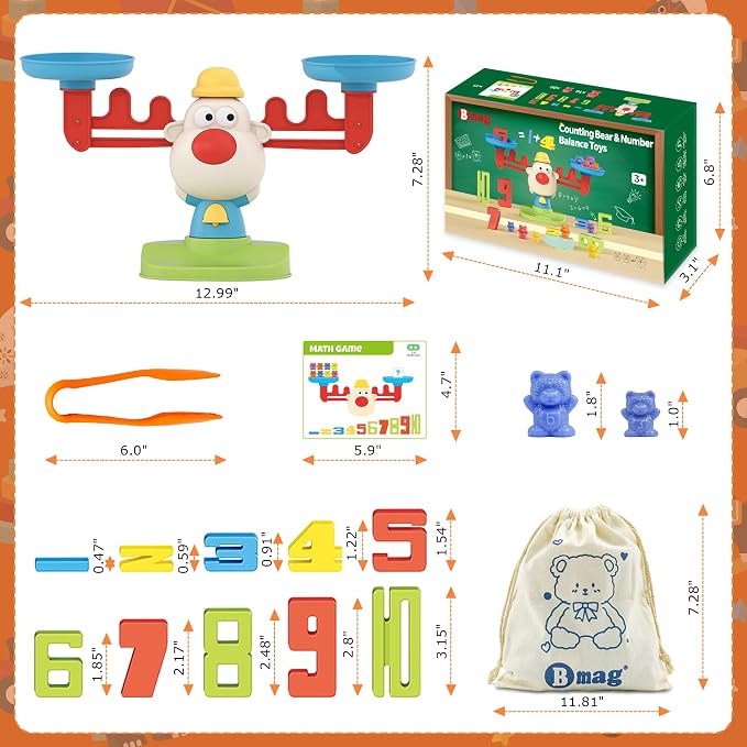 Bmag Balance Counting Toys with Bears Counting Scale for Kids – 3 in 1 Stacking & Balancing Math Game, Montessori STEM Learning Educational Toy for Ages 3-5, Gift (30 Bears, 10 Numberblocks)