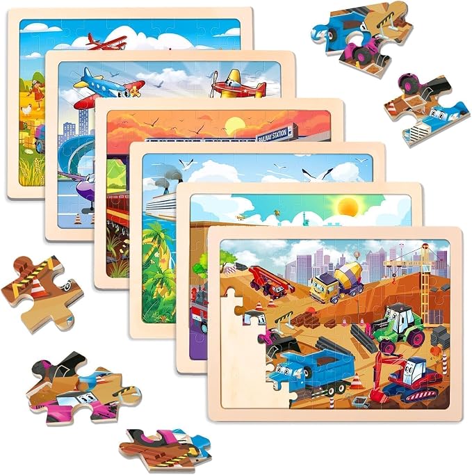 Wooden Puzzles for Toddlers 3-5,6 in 1 Jigsaw Wooden Solar System Puzzles for Ages 4-6,Preschool Educational Brain Toys Gifts for Boys and Girls 2 4 3 5 Year Old(Vehicle)