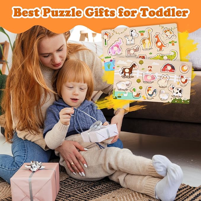 Wooden Peg Puzzles for Toddlers 1-3, 2 Pcs Montessori Puzzles, Zoo & Farm Animal Puzzles, Great Preschool Educational Learning Gifts for Girls and Boys