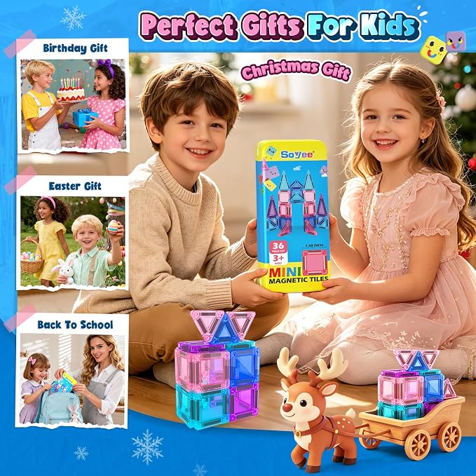 Mini Magnetic Tiles Kids Toys Travel Essential Games STEM Educational Toys | Magnetic Building Blocks for Age 3-5 5-7 4-8, Boys Girls Christmas Birthday Gifts, Portable Creativity Boosting Sensory Toys