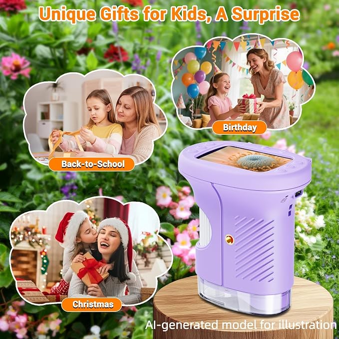 Pocket Kids Microscope, 1000X Handheld Microscope for Kids w/2.4'' Screen, Photo Video Mini Portable Microscopes Science Edu Digiscope, Christmas Birthday Gifts Ideas for Kids Ages 3-12 (Purple)