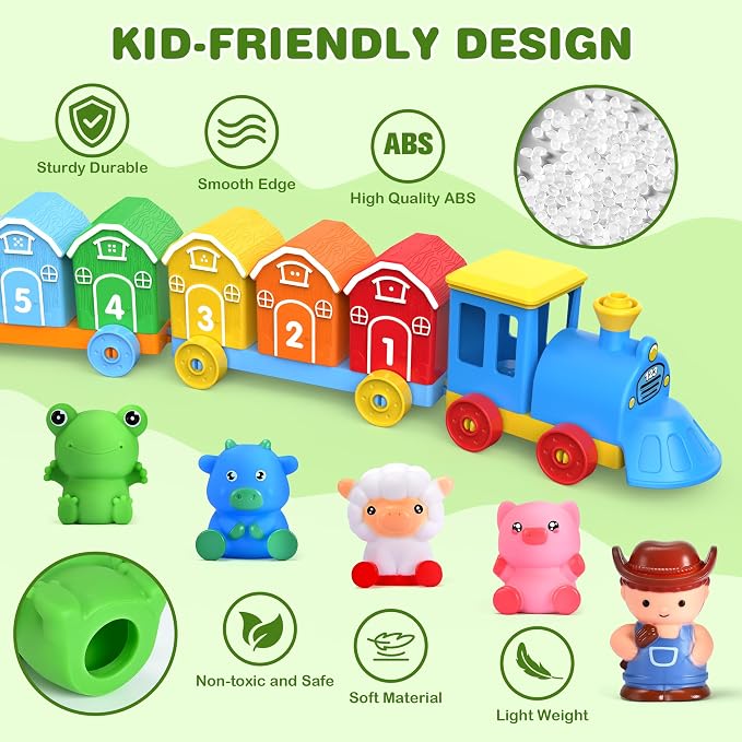 Montessori Learning Toy Toddler Animal Train Counting Barns Puppets | Montessori toy farm train set with 9 barns & 10 finger puppets for matching sorting, preschool gift for toddler boys girls