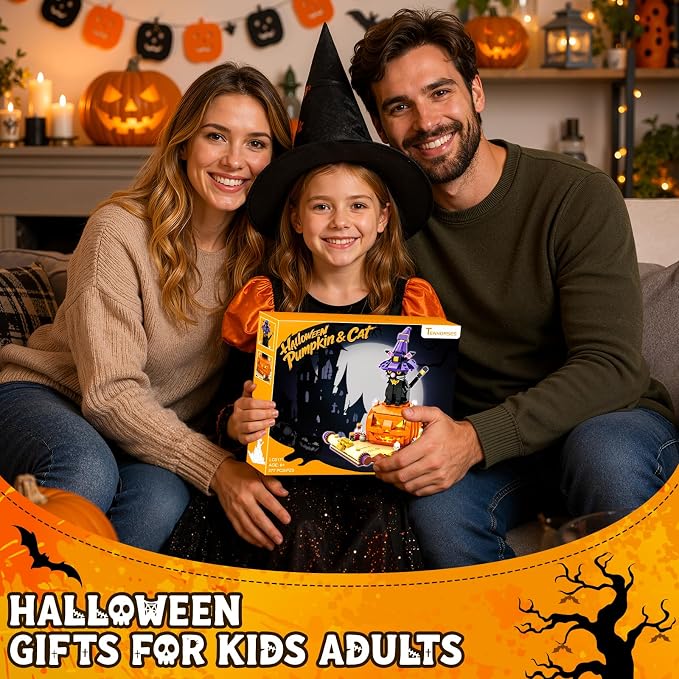 Halloween Pumpkin Witch Black Cat Building Set with Light for Kids | Cute Magic Cat with Pumpkin & Witch Hat Model Home Decor, Halloween Christmas Gift For Adults, Boys & Girls 6+, 577PCS