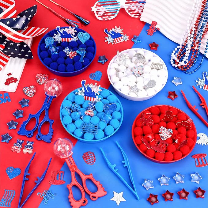 361Pcs Independence Day Sensory Bin Filler Independence Day Fine Motor Bin Item Includes Tweezers Scissor Pom Poms Stars Hearts Resin for 4th of July Counting Decor Motor Skills Development