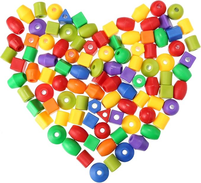 TOODOO Plastic Lacing Beads with 100 Beads and 10 Colorful Strings, String Bead Set for Toddlers Preschool Learning Educational Occupational Autism Hand-Eye Coordination & Color Sorting Toys for Kids