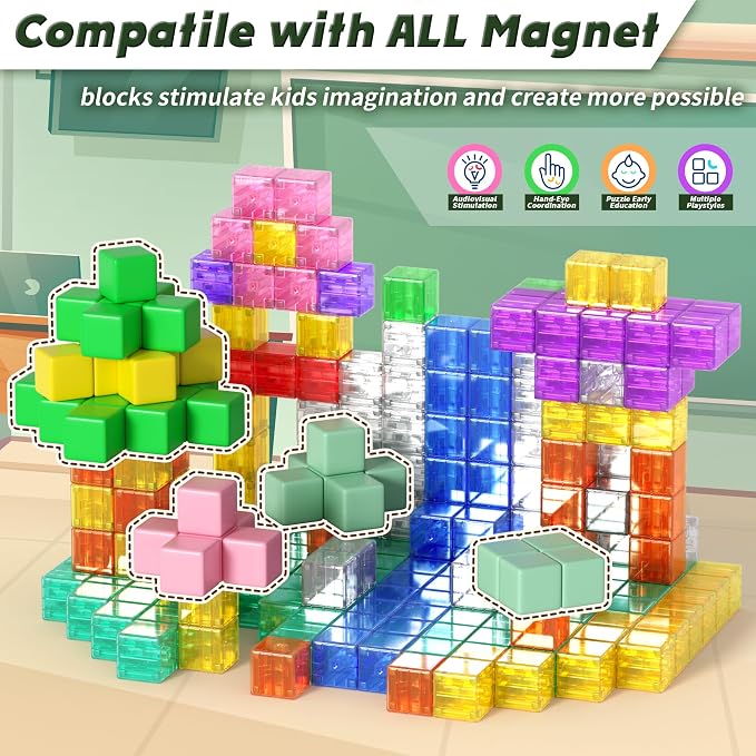 Magnetic Blocks Building Toys Gifts for Kids Aged 3+ Year Old Boys Girls | Transparent, PP Plastic,1 inch, 64PCS