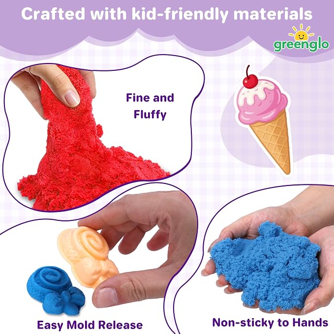greenglo Sensory Sand Kit for Kids - 0.88 LBS with 12 Molds & Ice Cream Display Tray Sandbox - Kids' Sand Playset Ages 3-8 Creative Sensory Bin Play