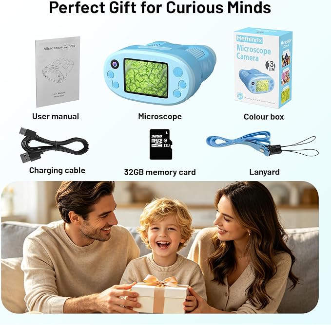 1000X Handheld Microscope for Kids 2.0" Screen 32GB Card Included | Rechargeable 3 in 1 Pocket Digital Kids Microscopes with Camera & Selfie Lens, Edu Science Kits for Kids 4-6 8-12 Blue