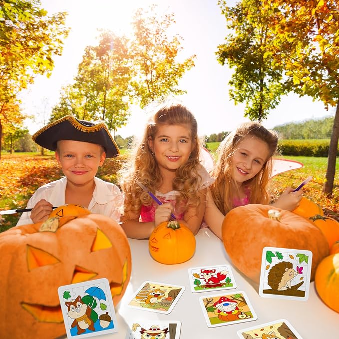 Cinrobiye 24 Set Fall Coloring Jigsaw Craft Kit for Kids, DIY Autumn Activity Set Bulk with Pumpkin Leaf Turkey Owl Designs, Thanksgiving Party Favors, Classroom Art Projects