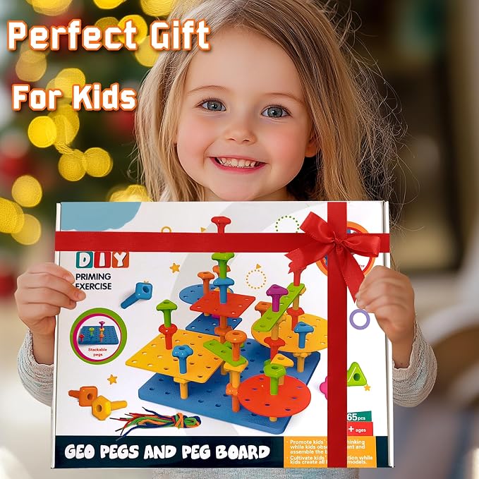 Counting Peg Board for Kids - Toddler Stacking Toys - 65 Pcs DIY Building Set Large Foam Board & Occupational Therapy Toys, Color Sorting & Lacing Toy , Montessori Tools, Peg Puzzles for Toddlers 3