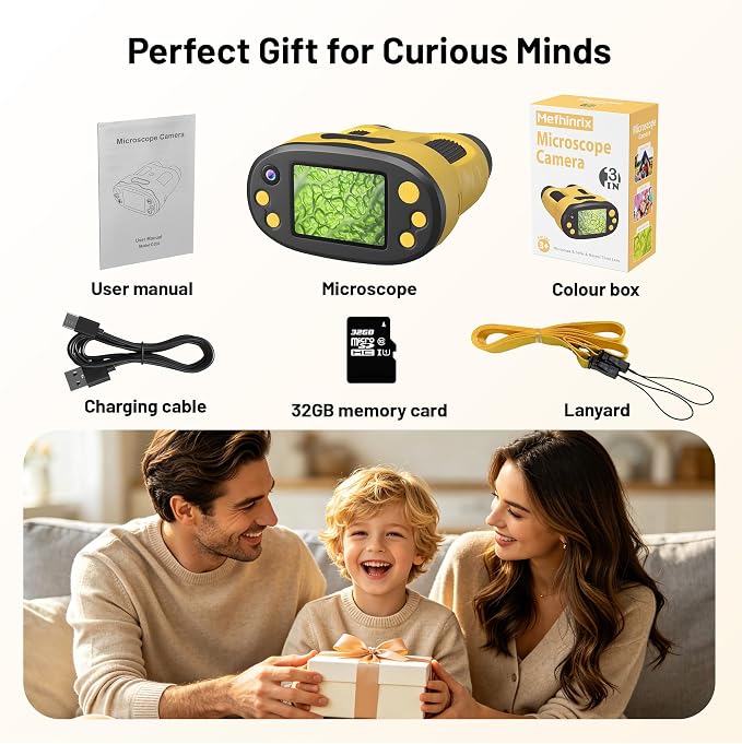 1000X Handheld Microscope for Kids 2.0" Screen 32GB Card Included | Rechargeable 3 in 1 Pocket Digital Kids Microscopes with Camera & Selfie Lens, Edu Science Kits for Kids 4-6 8-12 Yellow