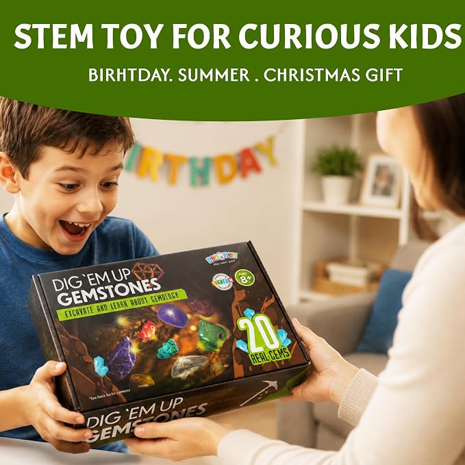 LotFancy Gemstone Dig Kit for Kids, 20 Real Gems, Science Excavation Gift | Rocks Stones Collection,Ages 8-12 Fit,STEM Classroom Learning Activity,Birthday Gift for Boys Girls,Geology Discovery Toy