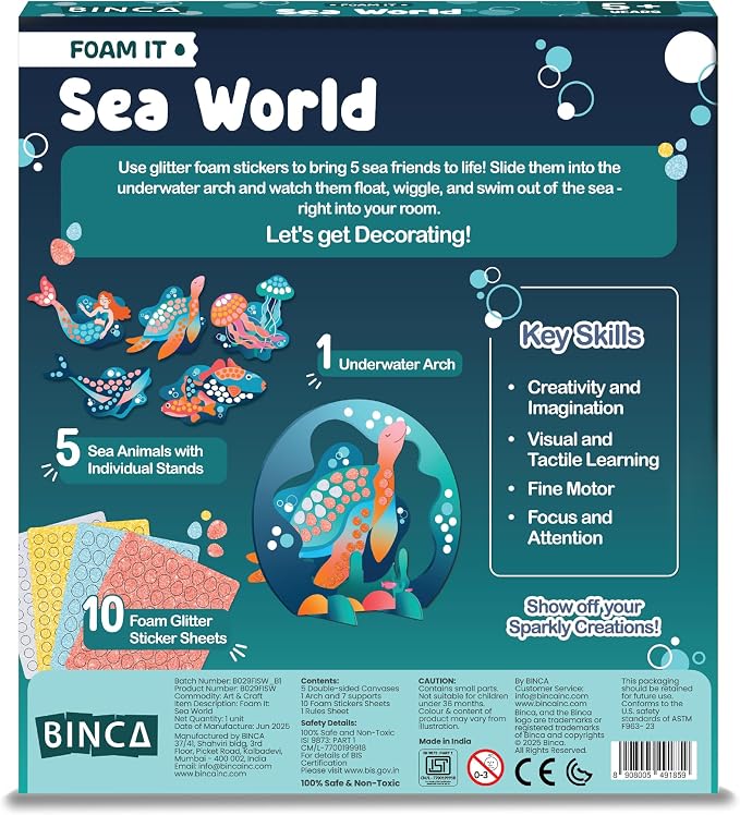 BINCA Foam Sticker Mosaic Art Activity, 750+ 3D Glitter Foam Stickers, 5 Underwater Animals with Display Arch, DIY Mess-Free Activity, Gifts for Boys & Girls Ages 5,6,7,8