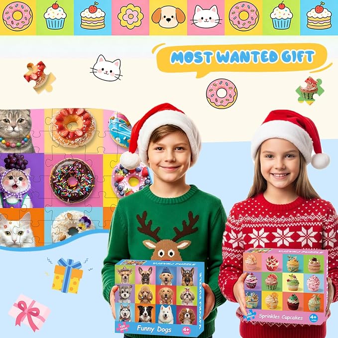 Puzzles for Kids Ages 4-6 6-8 8-10 Year Old, 4 Packs 100 Piece Dogs Cats Cupcakes Donuts Educational Jigsaw Puzzles, Learning Educational Kid Jigsaw Puzzles Gifts for Girls and Boys