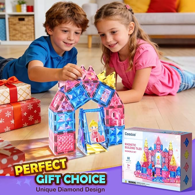 Diamond Magnetic Tiles Magnetic Building Blocks STEM Sensory Toy for Girls | Pink Castle Dollhouse Pretend Princess Toys for 3 4 5 6 Year Old Boys Girls Toys Birthday Xmas Present