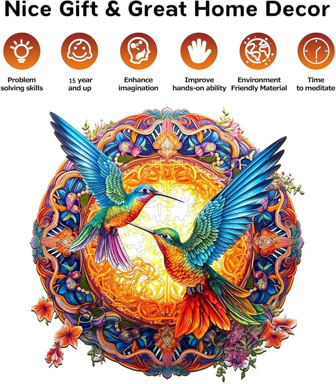 Jigfoxy Wooden Puzzles for Adults, Hummingbird Wooden Jigsaw Puzzles, Unique Animal Shape Puzzles, Christmas Thanksgiving Gifts for Family Friend(L-13.8 * 13.8in-300psc)