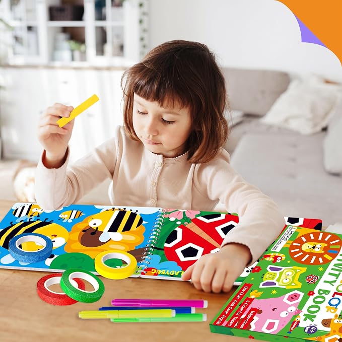 SpriteGru Tape Activity Book, 30 Dry Erase Scenes and 4 Colorful Tapes, Reusable & Erasable Pages and Easy-Tear Tapes, Fun and Creative Animal Theme Game Pad for Road Trip, Travel, At Home