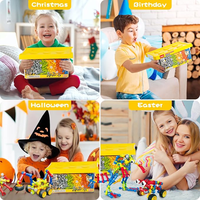 215 PCS STEM Building Blocks Playset for Kids Ages 4-8 Birthday Gifts Boys | Preschool Classroom STEM Activities. Storage box. Build 40+ models with guide. Educational Creative Games, Gift for ages 3+