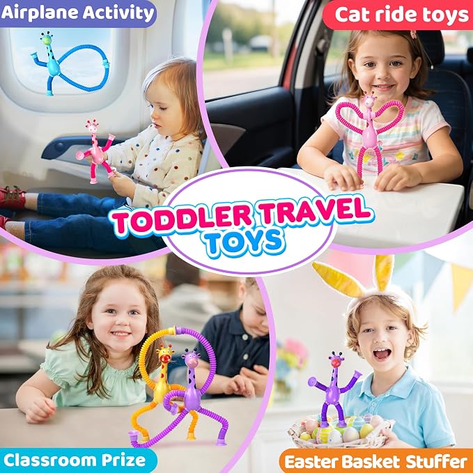 Giraffe Sensory Travel Toys 4Pcs for Road Trip Car Ride Airplane Toddler Girl Year Old Ages 3 4 5 6 7 8, Suction Autism Pop Tube Fidget Toy Autistic Valentines Day Stocking Easter Basket Stuffer Gift
