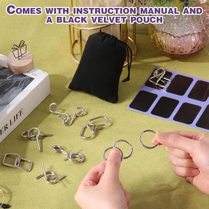 Metal Wire Puzzle Set of 8 with Pouch, Brain Teaser Puzzles IQ Test Ring Disentanglement Unlock Interlock Game Trick Metal for Party Favor Challenge(D Style)