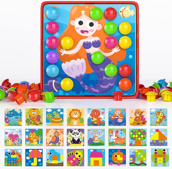Geekper 96 PCS Button Art Toys for Toddlers, Color Matching Mosaic Pegboard | Early Learning Educational Toys for 3, 4, 5, 6 Year Old Kids Boys and Girls Gifts, Including 24 Pictures and 72 Buttons