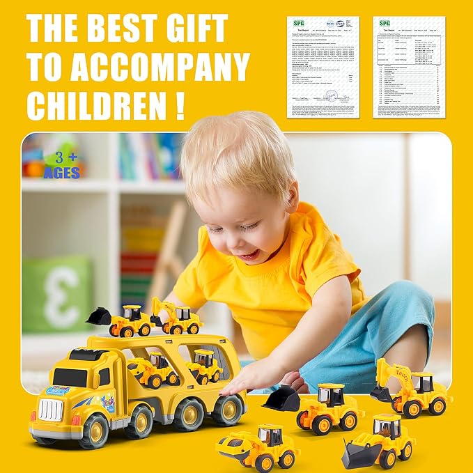 Veslier 9 in 1 Construction Truck Toys with Sounds and Lights in Carrier Truck, Push and Go Vehicles, Birthday Gift for Toddler Boys and Girls Ages 3 4 5 6 Years Old