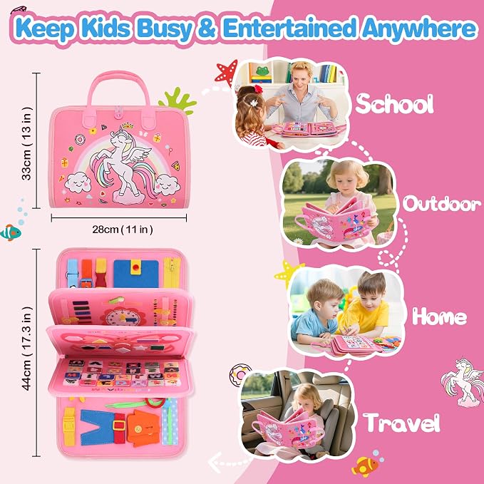 GONINO Toddlers Busy Book for 1-3 Year Old Girls, Montessori Busy Board | Fine Motor Skills Sensory Toy, Travel Toys for Airplane Car, Baby Activities Books, Pink Gift for Girls