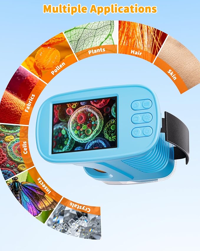 1000X Kids Handheld Microscope, 4K Digital Mini Pocket Digital Microscope with 2.4" IPS Screen, Built-in Camera & 12 Prepared Slides, STEM Educational Toy, Birthday Gift for Boys & Girls Ages 3–12