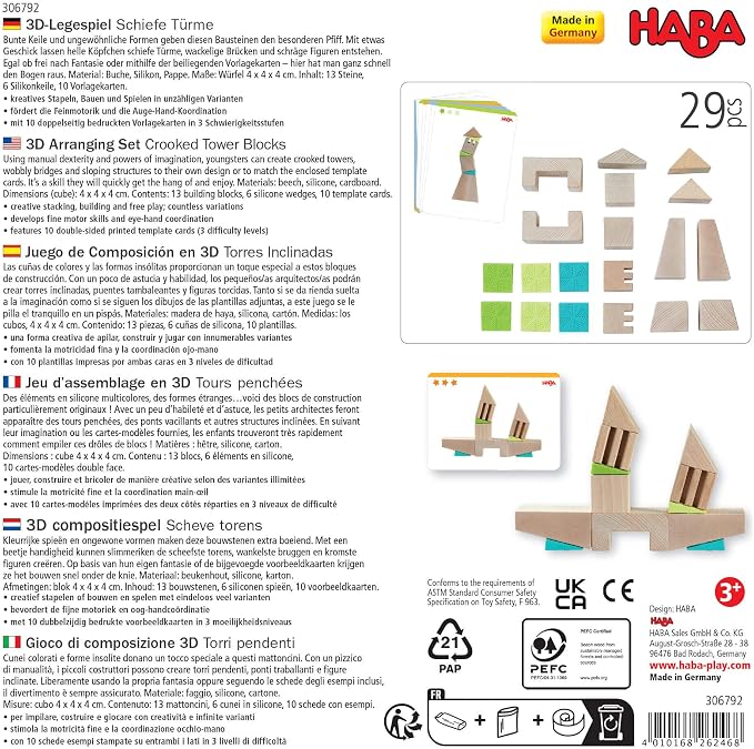 HABA Kids Building Blocks Set Crooked Tower, 19 Wooden Blocks and 6 Wedges with Pattern Cards for Toddlers 4+, Wood Stacking Toys Made in Germany