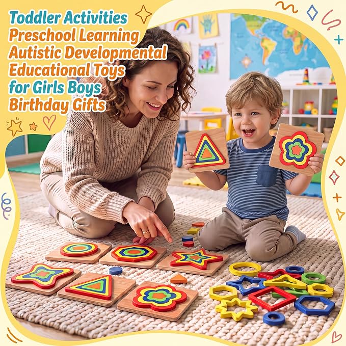 10 Pack Montessori Toys, Toddler Toys Puzzles Wooden Shape Sorting Puzzle Sensory Toy Preschool Learning Educational Autistic Developmental for Girls Boys Birthday Gifts