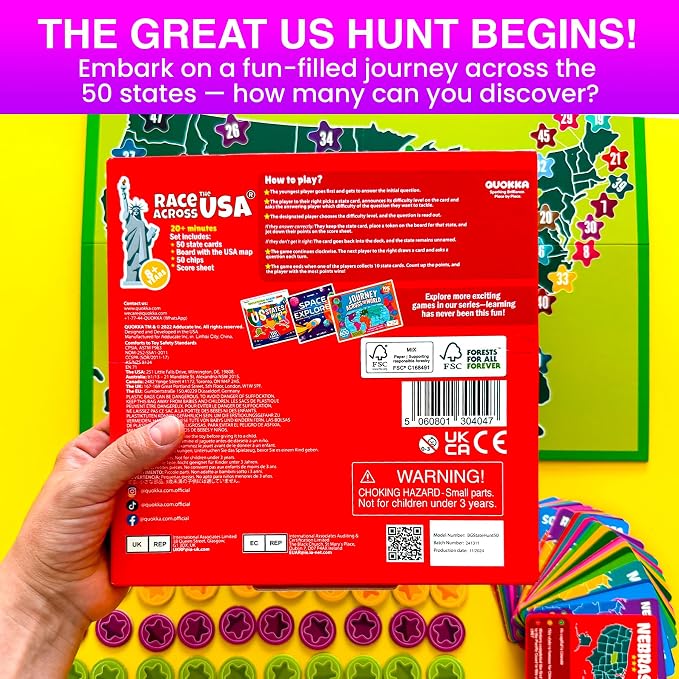 QUOKKA States of America Board Game for Kids Ages 8-12 and Families – Learn US States, Capitals, Landmarks & Fun Facts – Trivia Game with 50 Cards & Map Board – Educational Game for Classrooms or Home