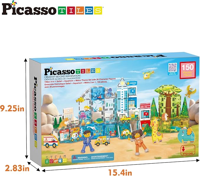 PicassoTiles Magnet Tiles Building Blocks 3-in-1 Aquarium Safari Animal & Metro Theme Playset with 24 Character Action Figures Magnetic STEM Learning Toys Construction Set Toddler kids Ages 3+ PTQ1245