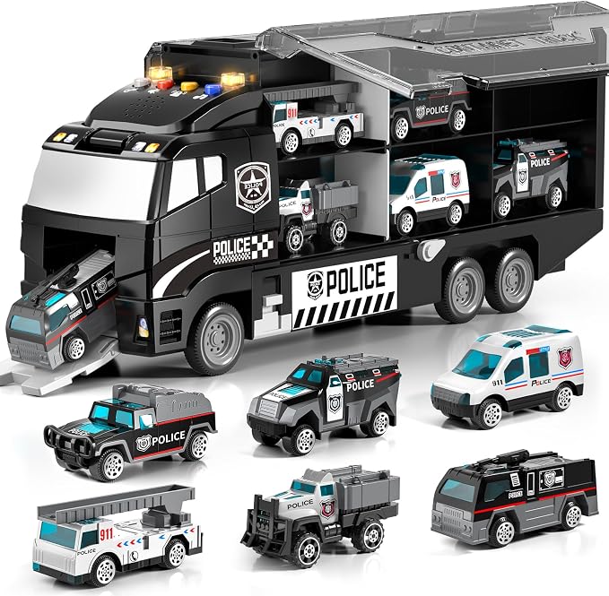 Toddler Boy Police Car Toy Set with Light & Sound,Die-Cast Toy Car,Play Mat | Police Car Toy Trucks for Boys Age 4-7,Birthday & Christmas Gift for Boys & Girl,Friction Powered Truck Toy for Kids Ages 4-8