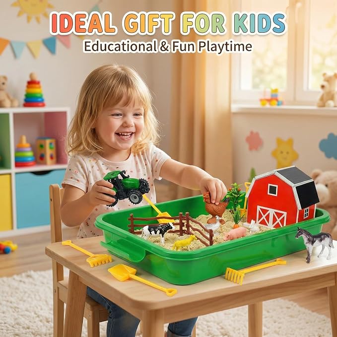 Carolart Farm Sensory Bin with Sensory Sand, Barn Toys & Tractor | Farm toys with farm animals, sensory toys for toddlers, gift for boys and girls ages 3-8