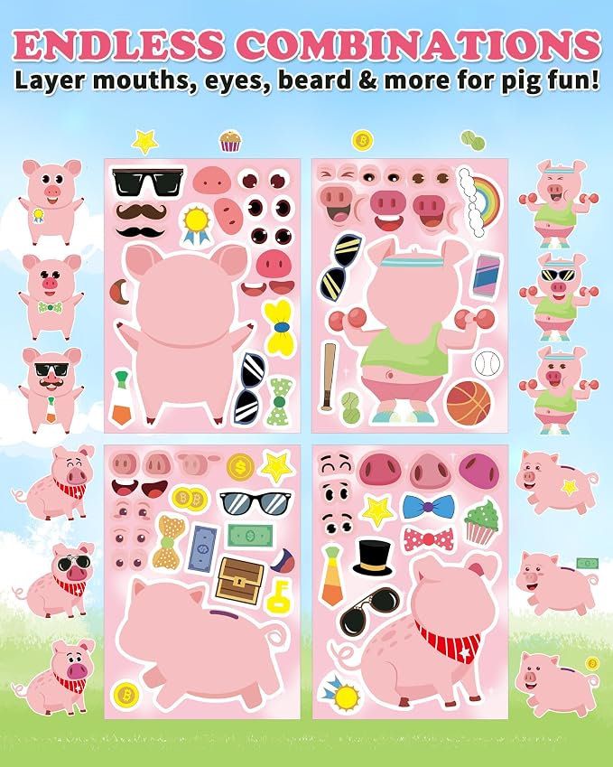 Aowplc 30 Make a Pig Sticker Sheets for Kids | Cute Piggy Mix & Match Crafts, Party Favors & Birthday Decorations