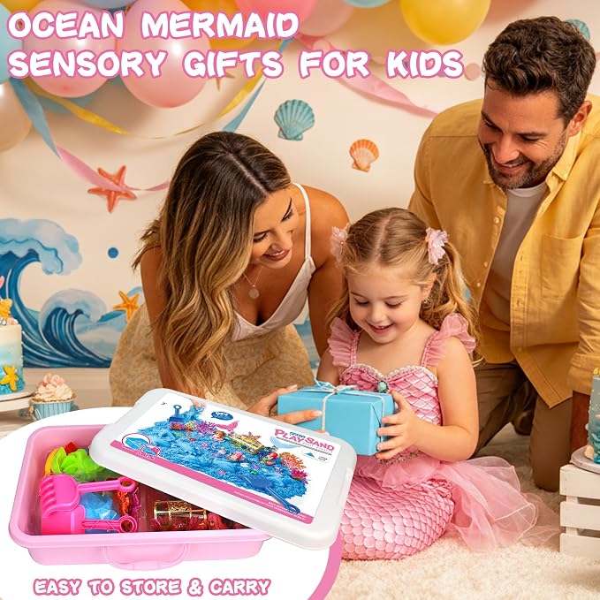 Pakimio Mermaid Sensory Sand Kit for Kids, Complete Sensory Bin with Lid | 2.64lbs Magic Sand, Mermaid Figures & Ocean Molds, STEM Montessori Sensory Toys for Kids 3-8, Girl Christmas Birthday Gifts