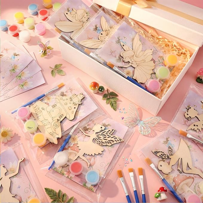 Saypacck 24 Pcs Fairy Birthday Party Favors Wooden Paint Craft Kits | Fairy Theme for Goodie Bags, Organza Bag Packaging, Kids Party Activity, Wooden Ornaments DIY
