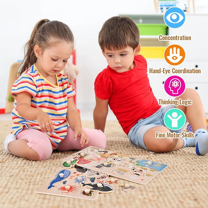 Wooden Peg Puzzles for Toddlers 1-3, 2 Pcs Montessori Puzzles, Animal & Sea Themes Puzzles, Great Preschool Educational Learning Gifts for Girls and Boys