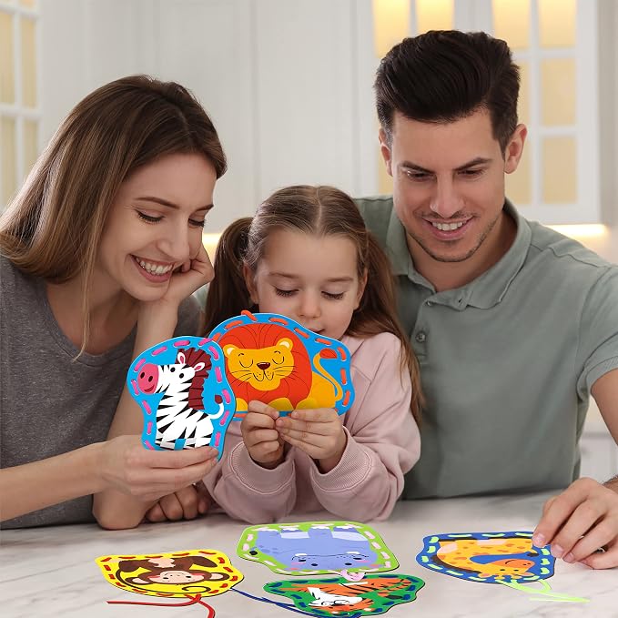 SpriteGru 9 Pieces Kids Lacing Cards, Double Sided Sewing Cards in 9 Wild Animals with 9 Colorful Laces, Imagination Development Lacing Toys Games for Children Educational and Learning Activity