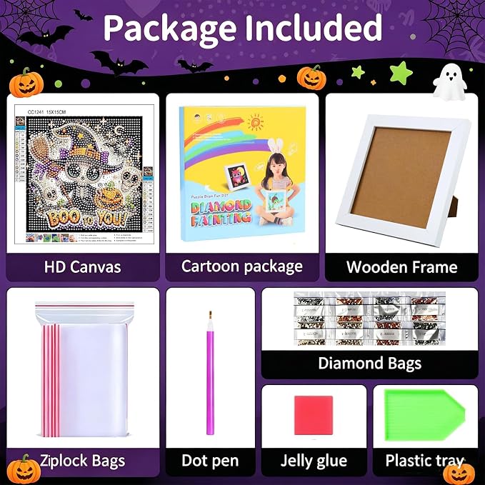 Gemozaic Halloween Diamond Art Kit for Kids Ages 6-8-12 with Frame, 7x7 in | Cute Skeleton Diamond Art for Kids 10 Year Old, DIY Big Gem Arts and Crafts for Boys and Girls Birthday Gift, Home Wall Decor