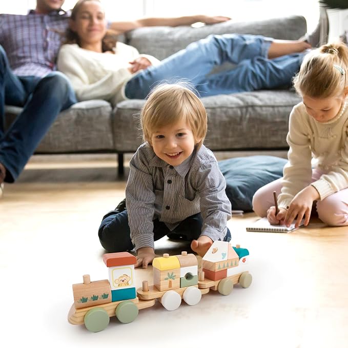 FReniland Wooden Montessori Train Set, 18PCS Wooden Building Blocks Train Toy for Toddlers 1-3, Stacking Learning Toy, Fine Motor Skills Preschool Educational Gift for Boys Girls