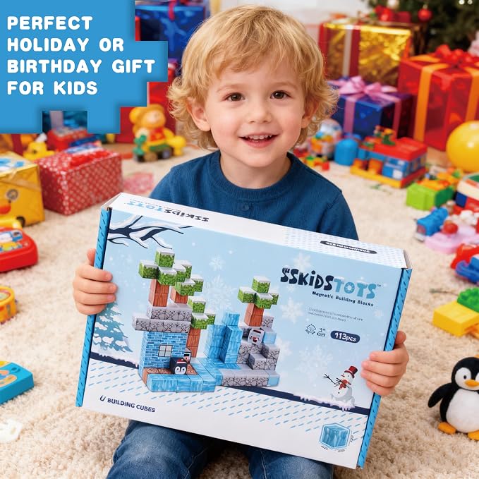 113PCS 1'' Magnetic Blocks, Magnetic Building Cube Toys for Kids, STEM Montessori Stacking, Sensory Education Toys for Toddlers Building World Set, Christmas Birthday Gifts for Kids Age 3 4 5 6 7 8+